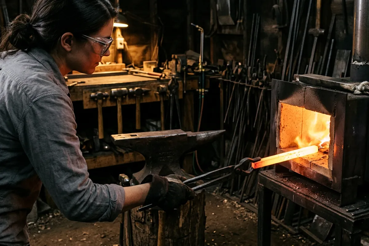 A smith drawing bright hot steel from a propane forge with tongs beside an anvil