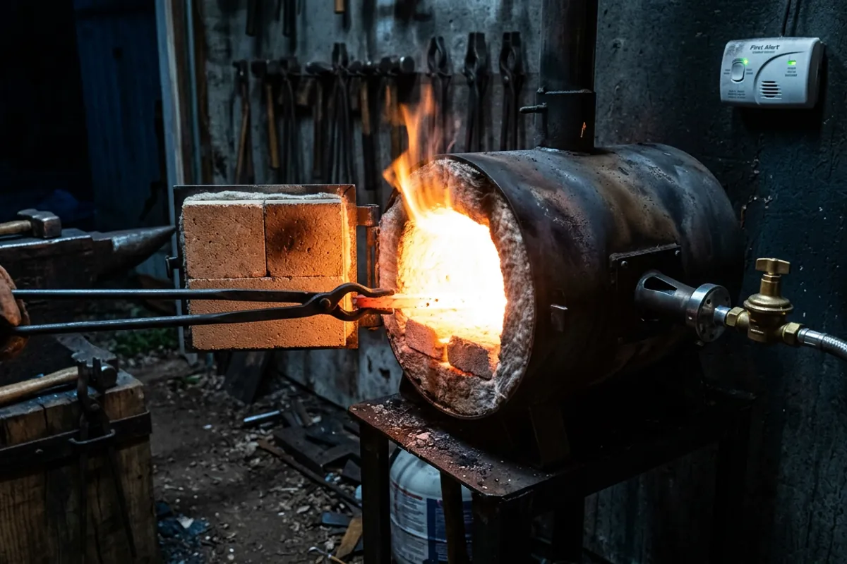 The glowing chamber and burner of a propane forge with a carbon monoxide detector on the shop wall behind