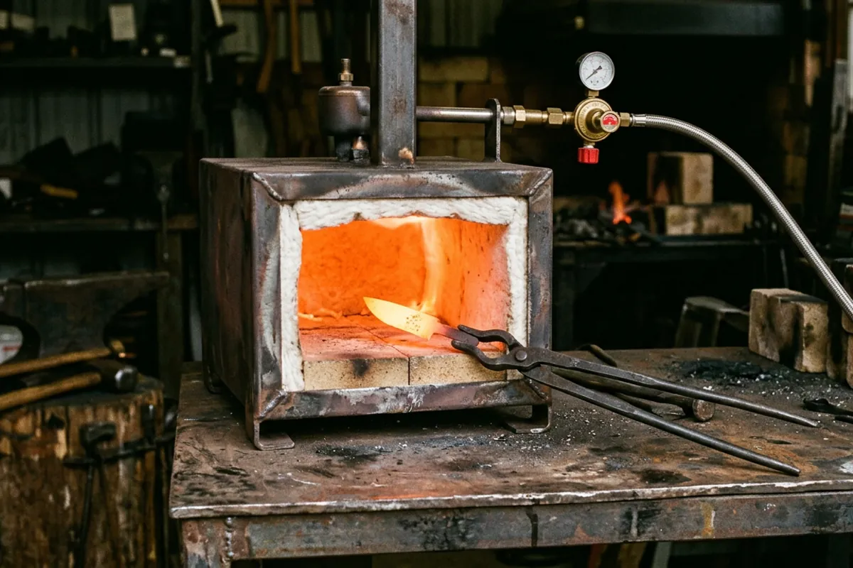 The lined chamber and burner of a beginner propane forge with a blade billet heating inside and tongs alongside.