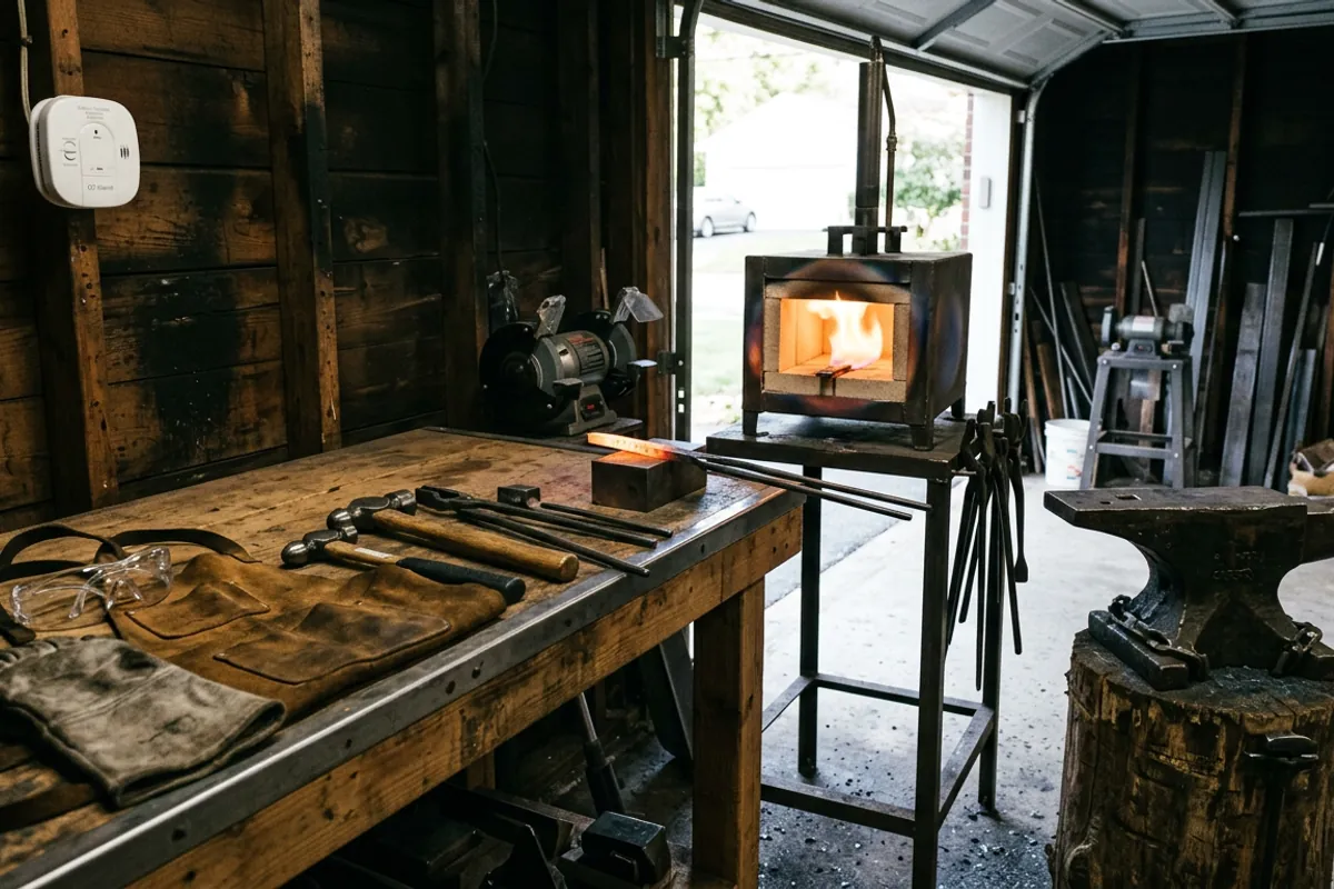 Safety setup for running a propane forge for beginners, with eye protection, leather gear, ventilation, and a carbon monoxide alarm.