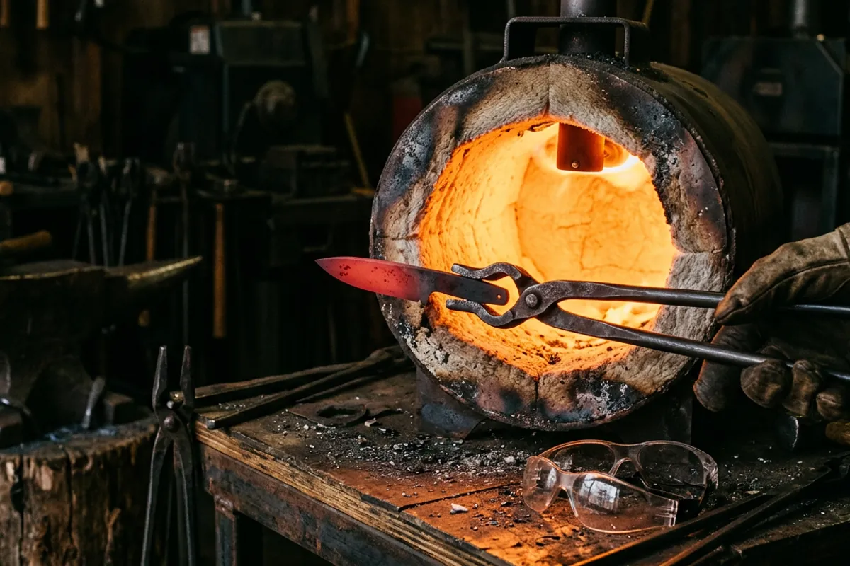 A single burner propane forge for sale heating a knife blank with tongs and eye protection on the bench