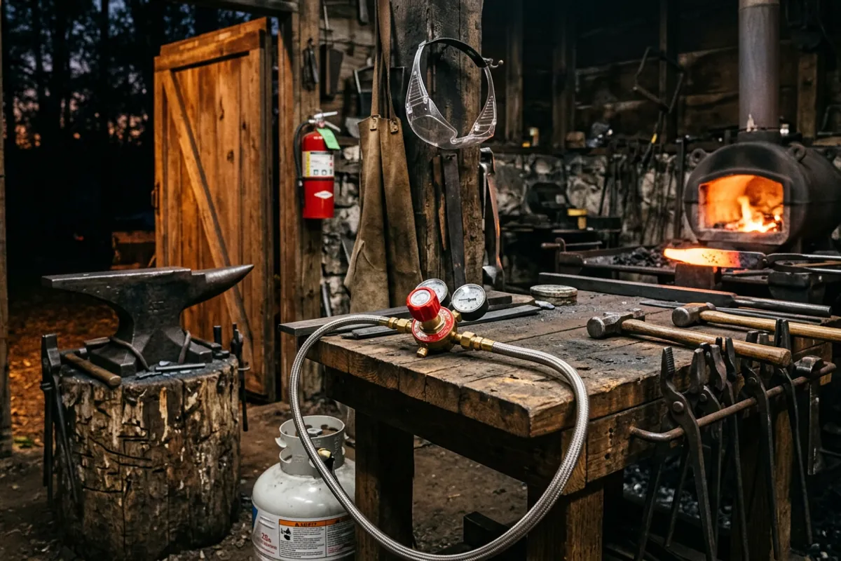 Propane forge setup with regulator, hose, and safety gear showing how to run a propane forge for sale safely