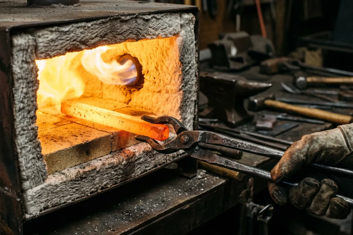 Ceramic blanket lining and firebrick floor inside a glowing propane gas forge chamber