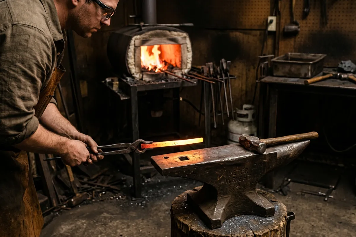 Hot steel being carried from a propane gas forge to the anvil with tongs and eye protection on