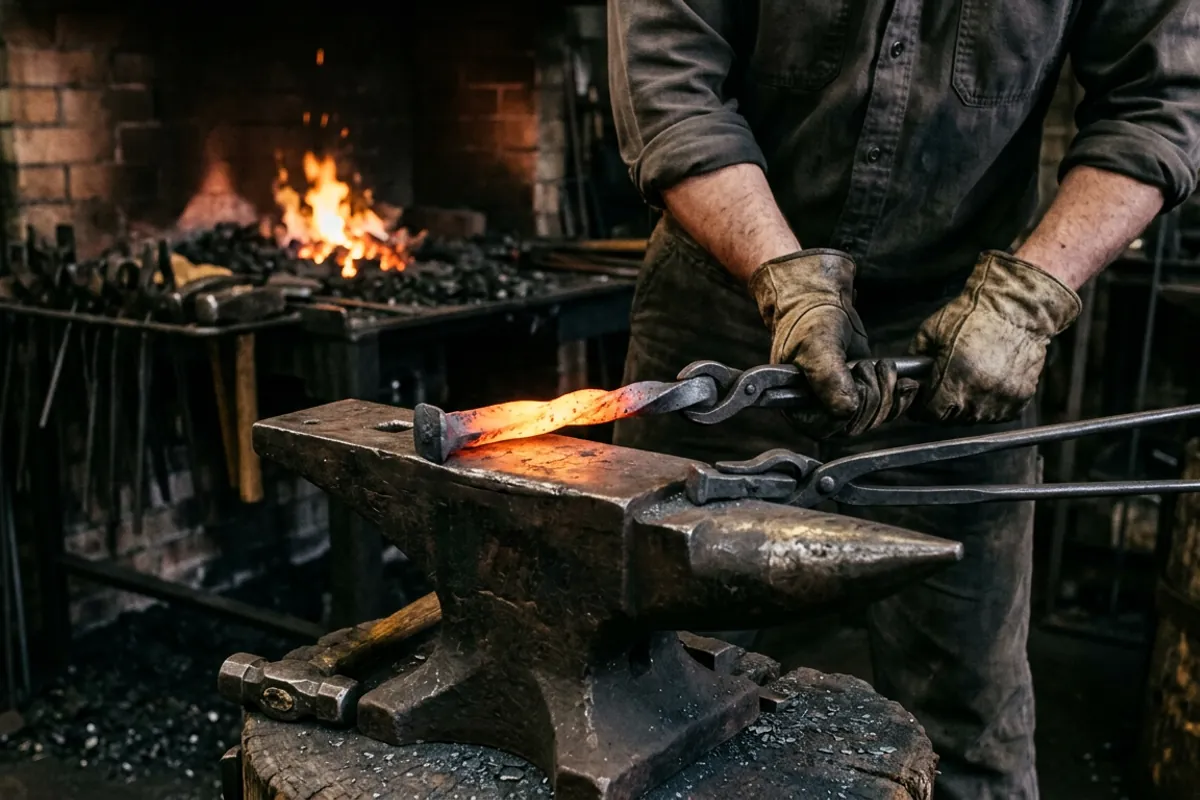 A smith putting an even twist in the shank of a railroad spike knife at forging heat over the anvil