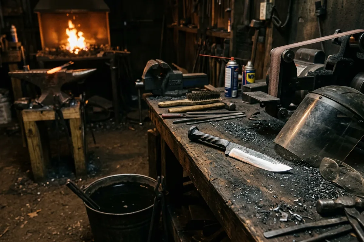 A finished railroad spike knife blank on the bench beside a face shield, safety glasses, and a water quench bucket