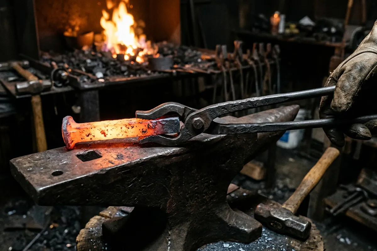 V-bit bolt tongs holding a railroad spike by its square shank near the forge