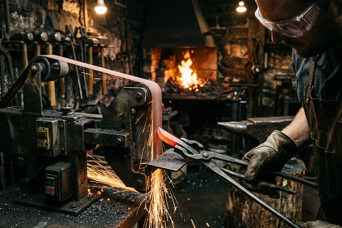 A smith wearing eye protection grinding a railroad spike blade held in railroad spike tongs