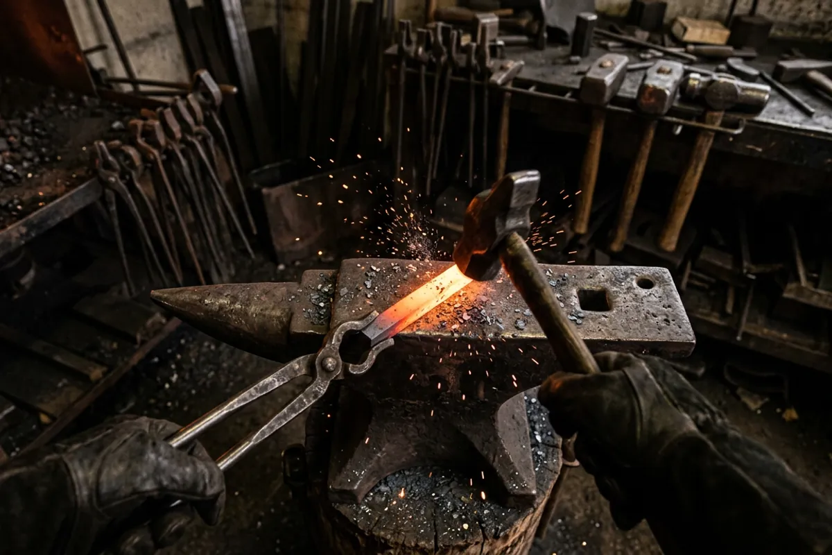 Gloved hands using tongs to hold a glowing bar of S7 tool steel on the anvil while forging a punch.