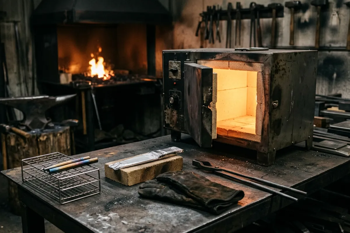 A small heat treating oven and air cooling S7 tool steel punches on a bench in a dim blacksmith shop.