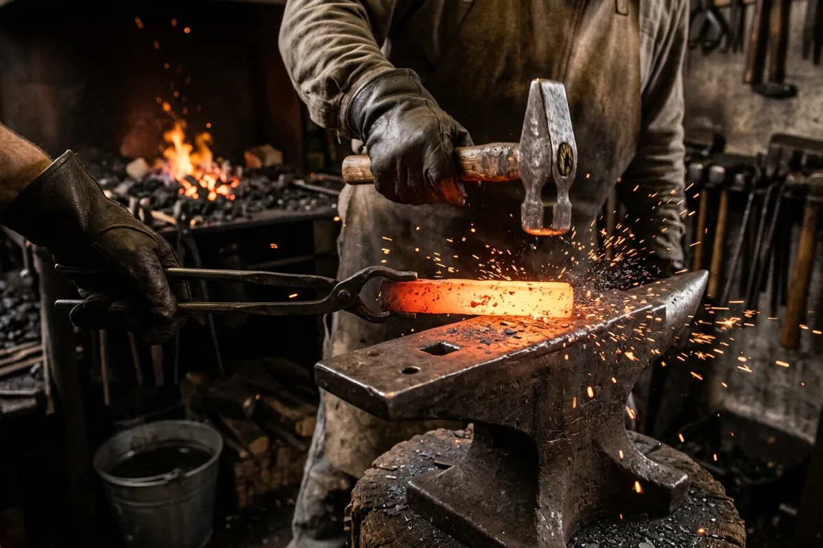 Tongs holding hot steel on an anvil while a cross pein smith hammer strikes it in a dark shop
