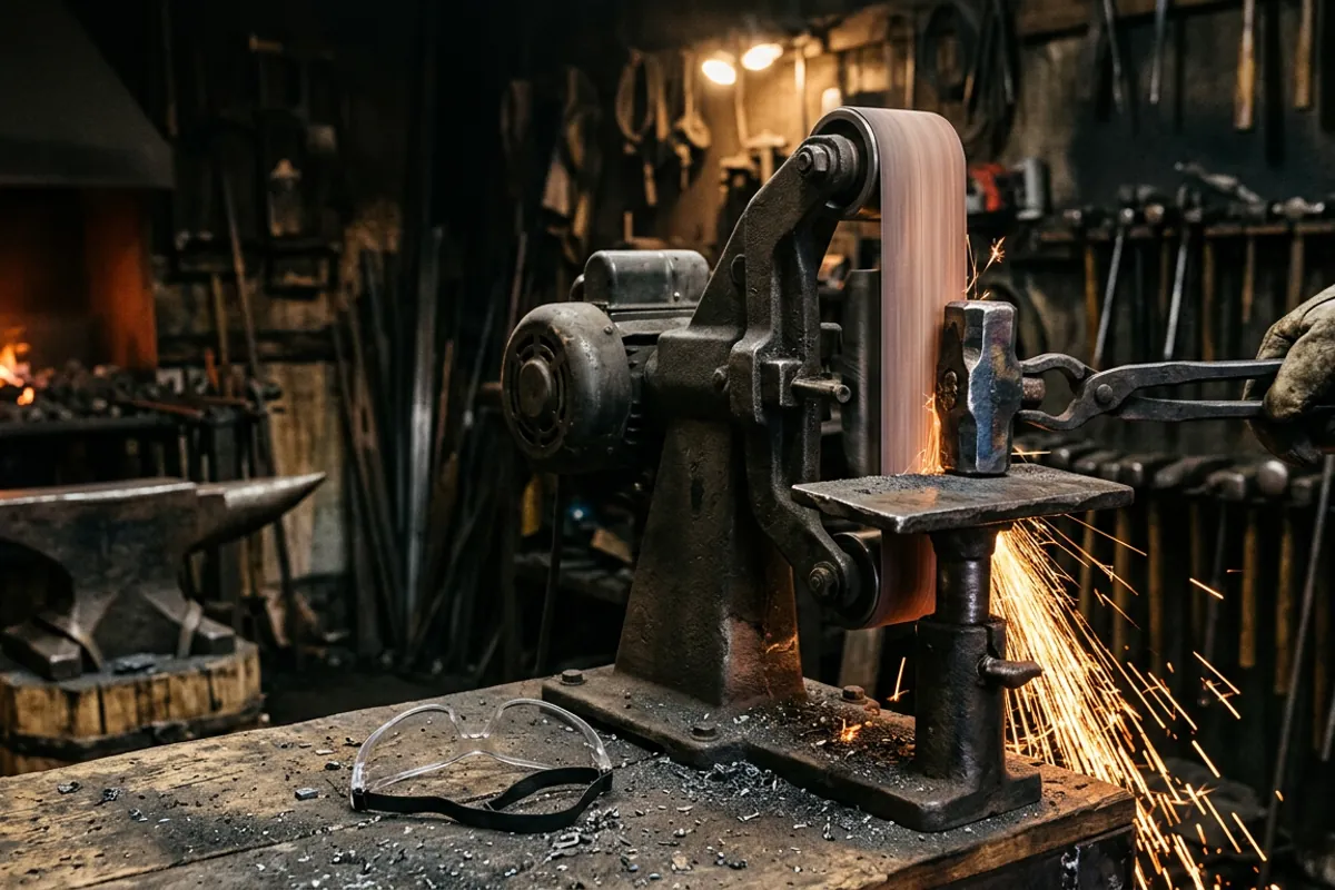 A smith hammer head being dressed on a belt grinder with sparks flying and eye protection nearby