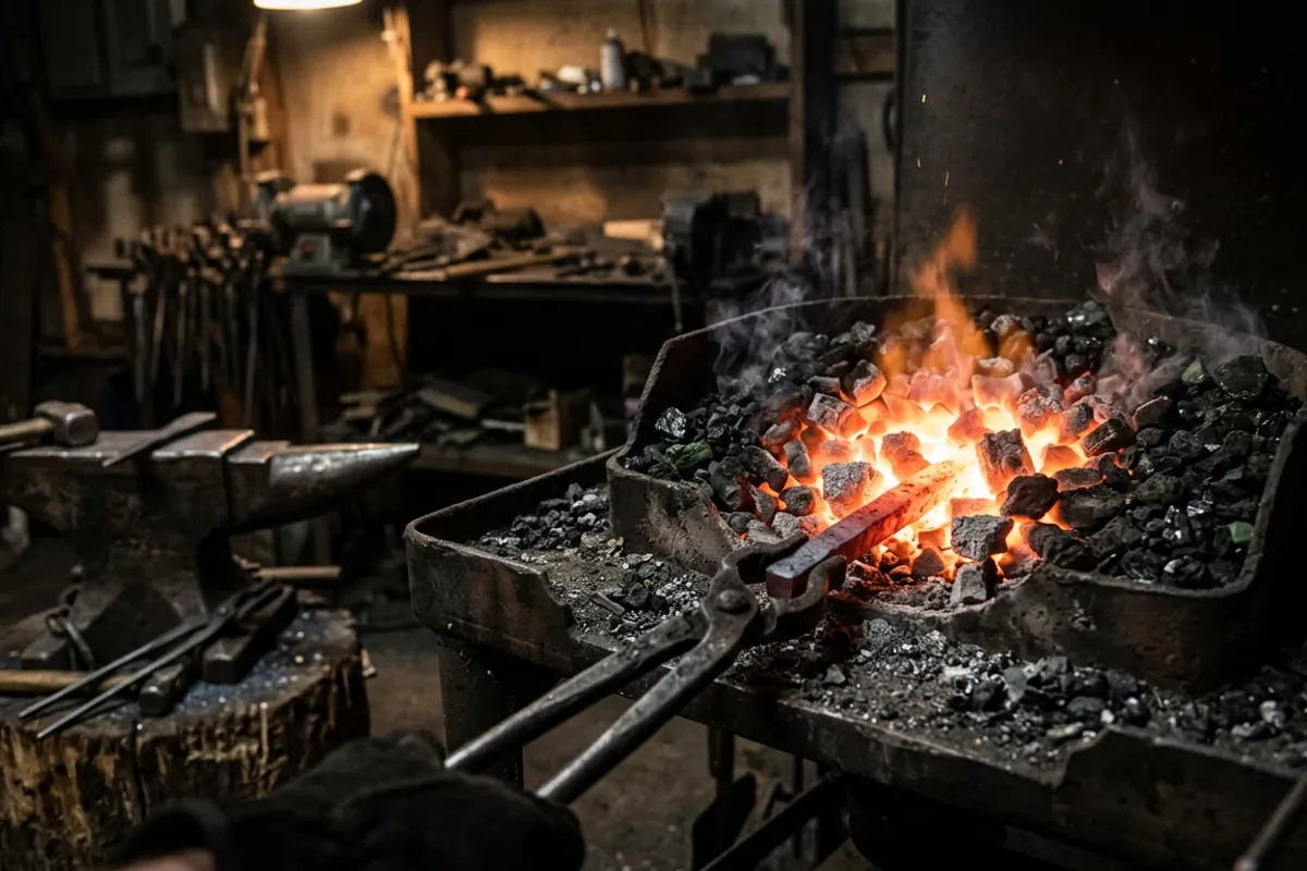 A smithing coal fire showing the coke core, baking coke ring, and raw green coal zones with a bar heating in the center