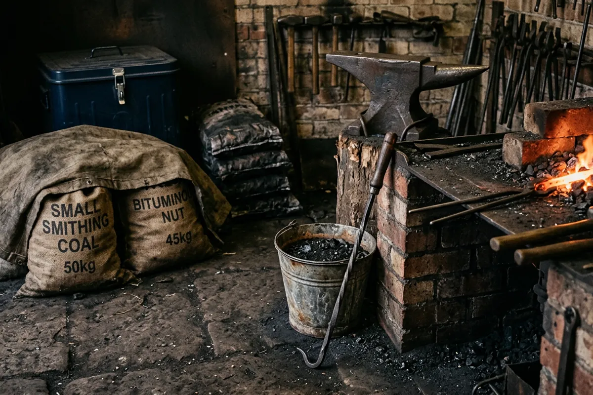 Small-sized smithing coal stored dry in a lidded can and bags with a bucket of damp coal fines by the forge