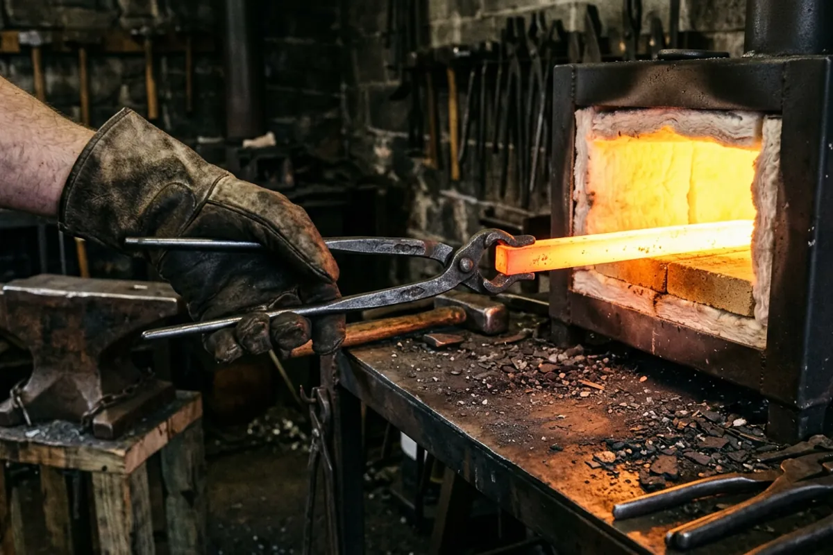 Tongs pulling yellow hot steel from a propane smithing forge lined with ceramic blanket