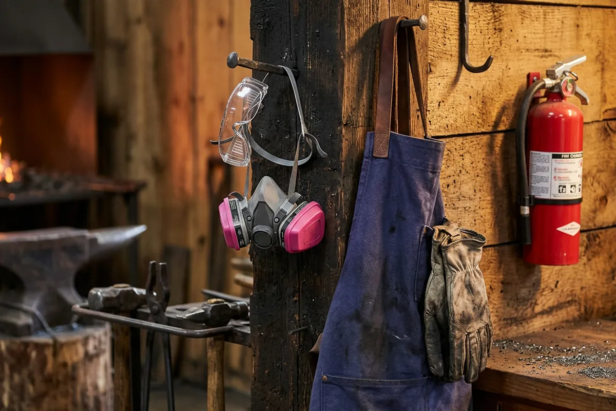 Safety glasses, respirator and extinguisher on the wall beside a working smithing forge