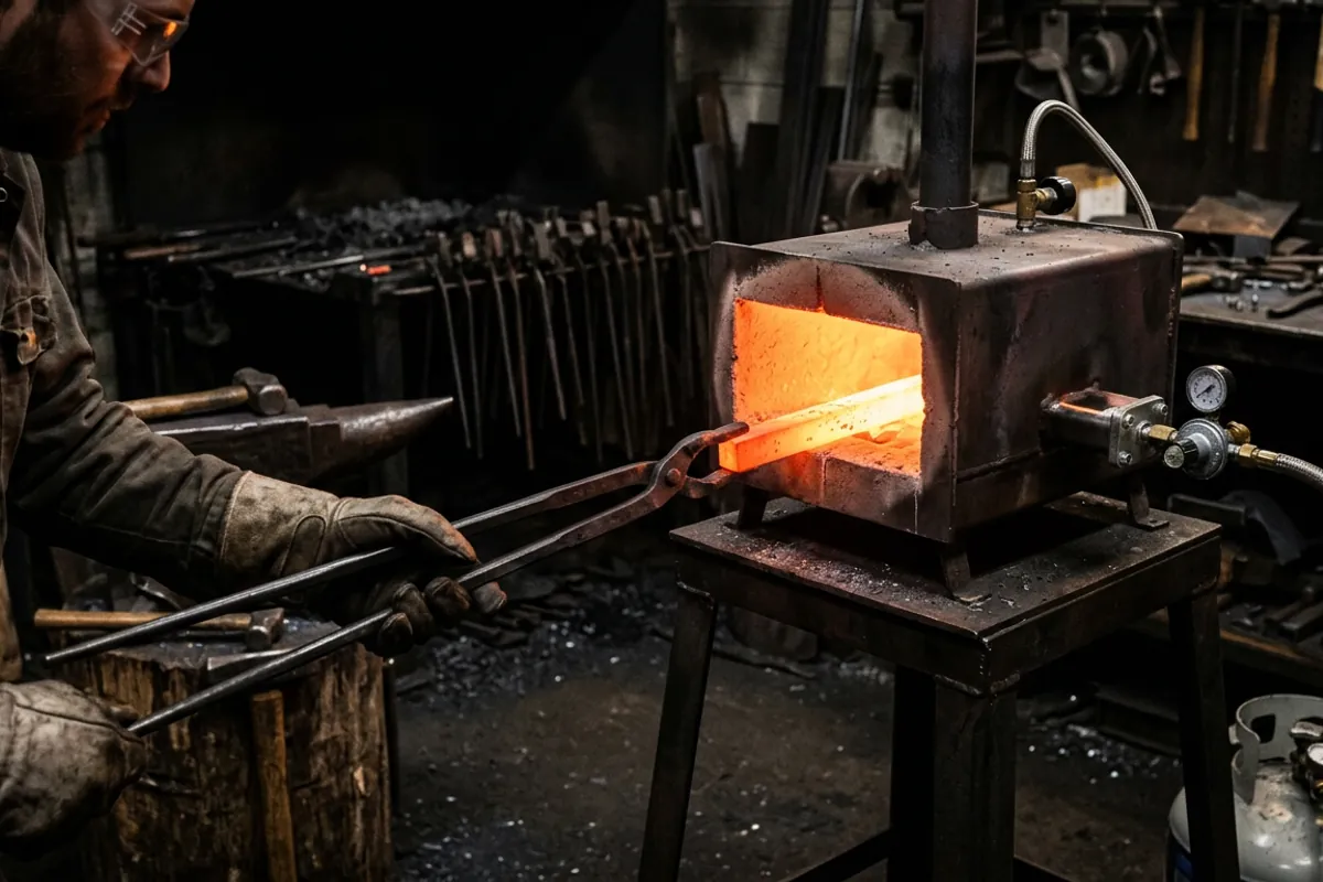 A single burner propane forge from a smithing kit heating a steel bar held with tongs in a dark home shop