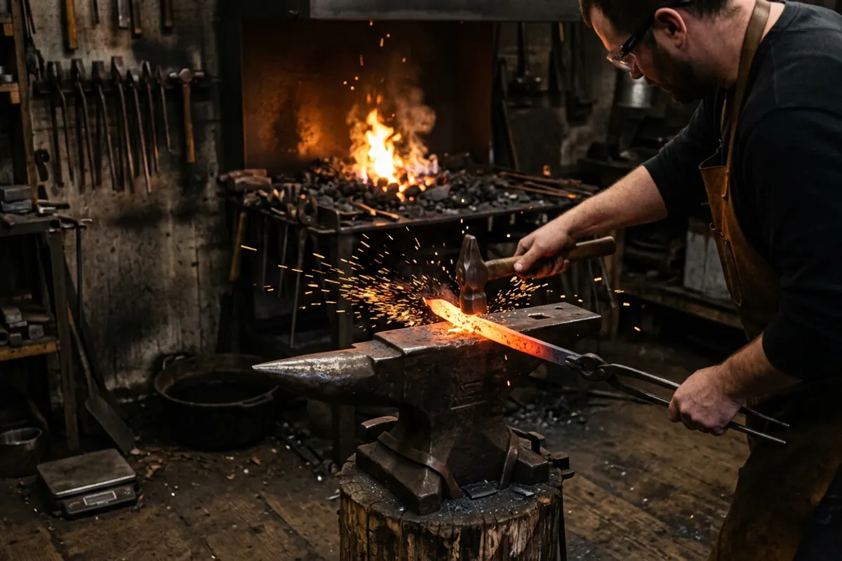 Forging hot steel with the cross pein hammer from a smithing kit on an anvil in a dark smithy