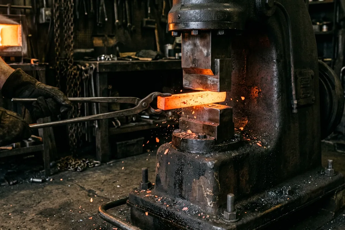 Flat dies of a smithing power hammer open around a glowing bar of steel held in tongs