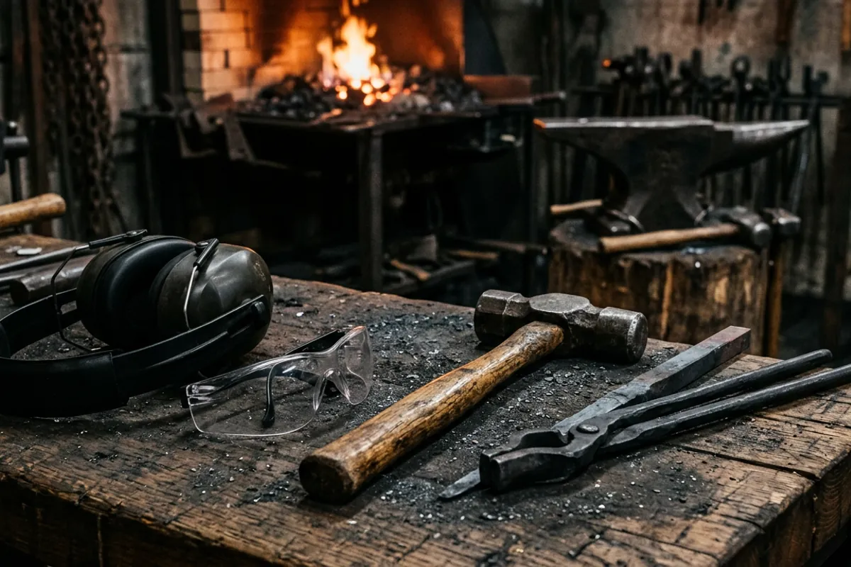 Hearing protection, safety glasses and a hand hammer on a shop bench next to gear used with a smithing power hammer