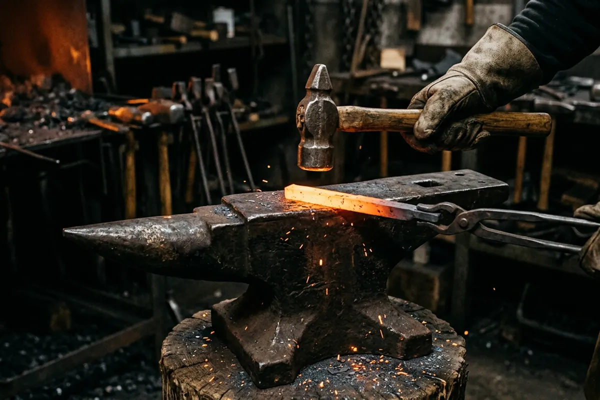 A blacksmith hammer and tongs at work on an anvil, the core smithing supplies for a first shop