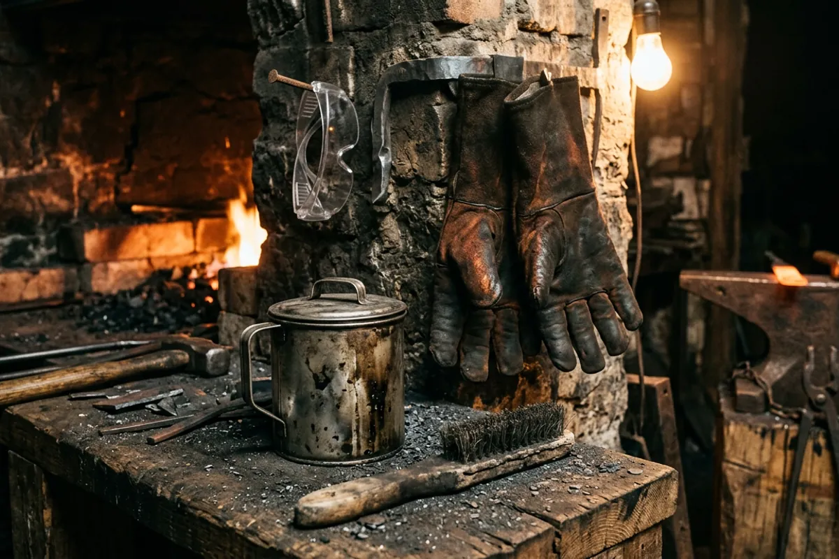 Safety smithing supplies including eye protection, leather gloves and a steel quench can in a home forge