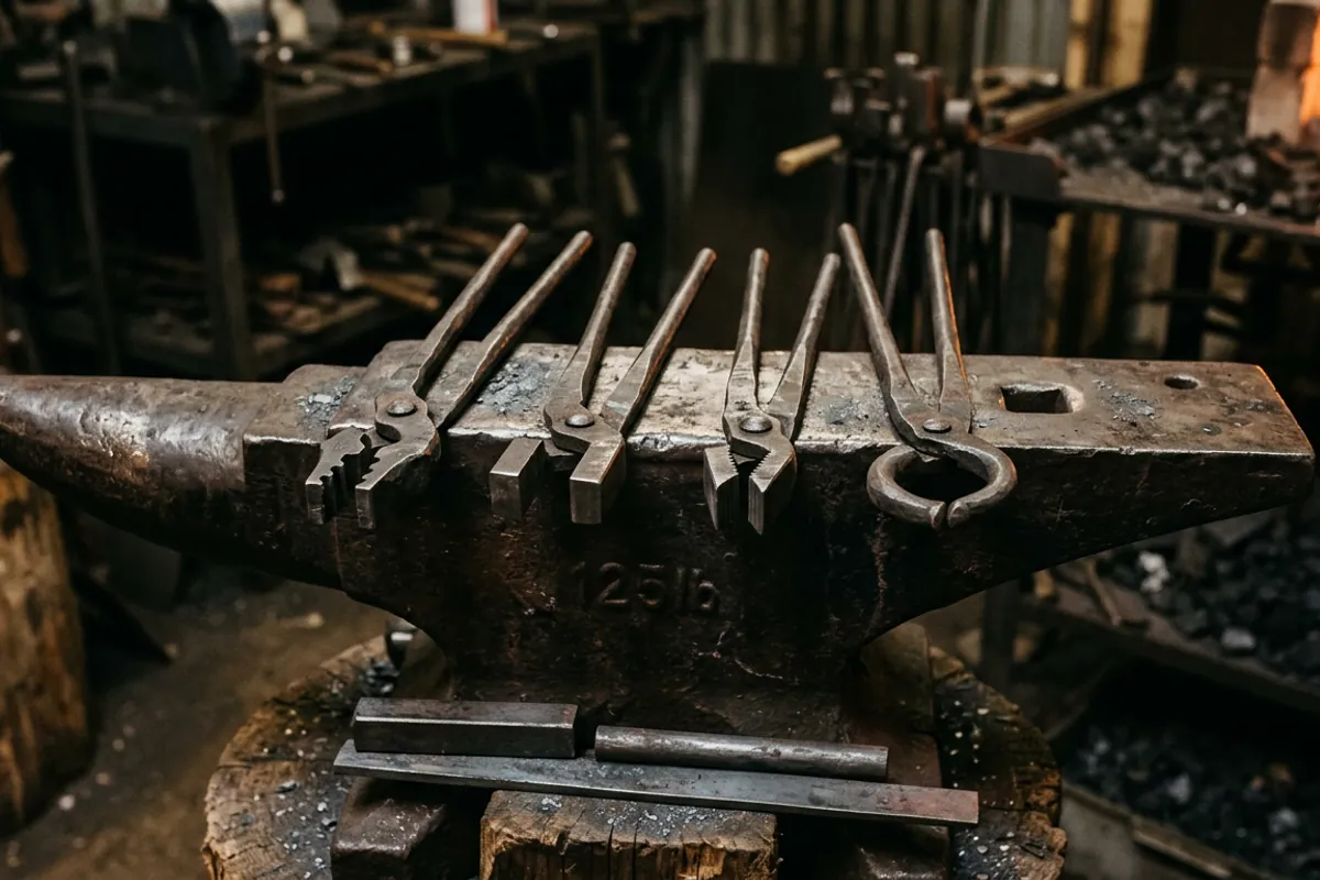 Four patterns of smithing tongs laid on an anvil face beside round, square and flat bar stock