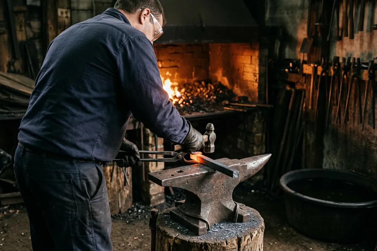 A smith fitting the hot jaws of smithing tongs to a cold bar of square stock on the anvil