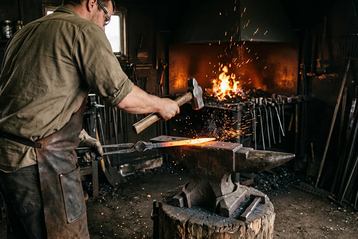 A smith using basic smithing tools to draw out glowing steel held in tongs on the anvil face