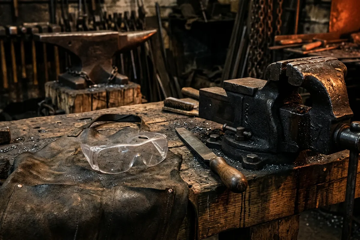 Safety glasses and a bench vise among the smithing tools on a home shop workbench