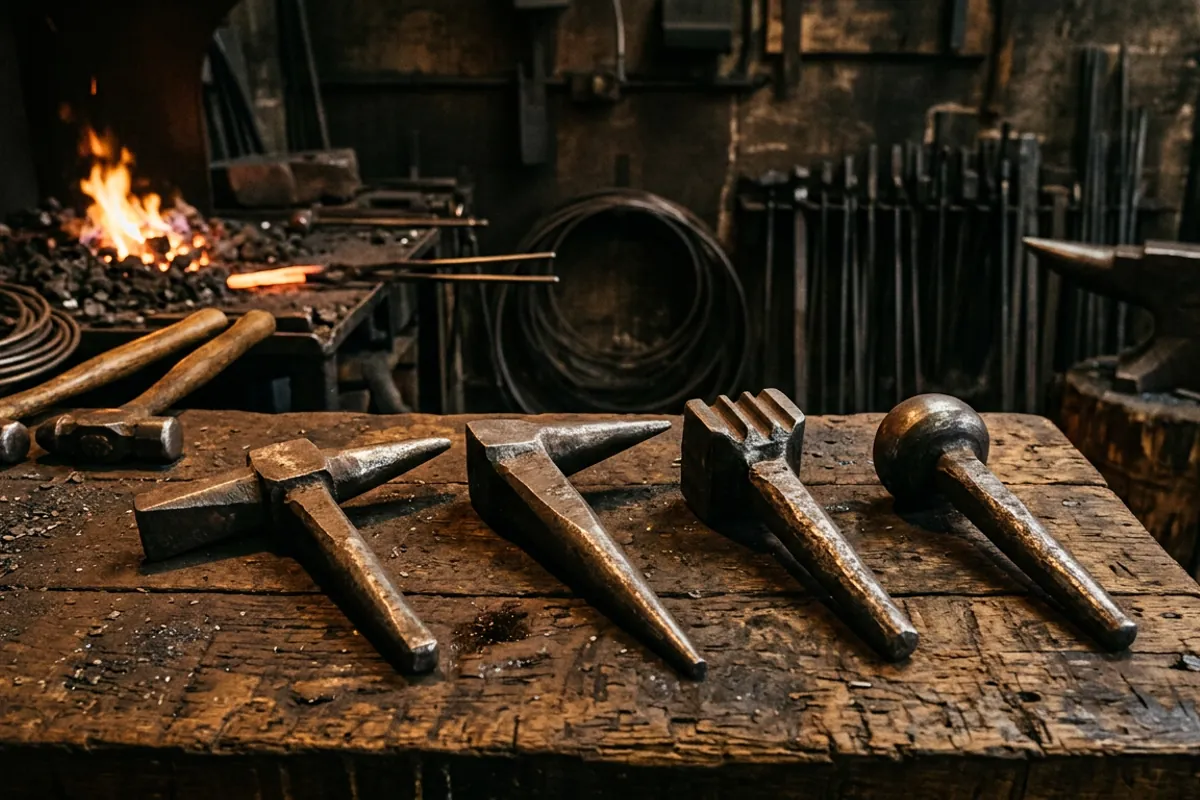 Four stake anvil shapes laid out on a workbench including a T stake, a beakhorn and a creasing stake