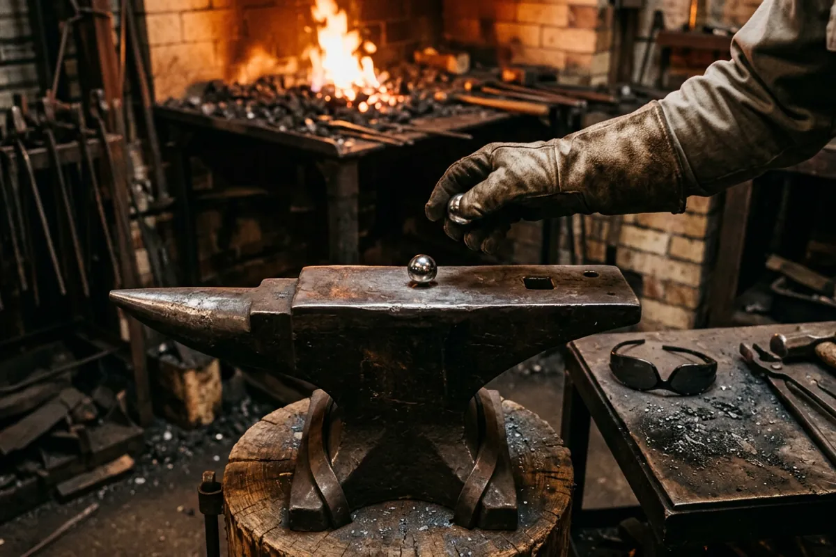 Testing rebound on a steel anvil face by bouncing a ball bearing near the hardy and pritchel holes