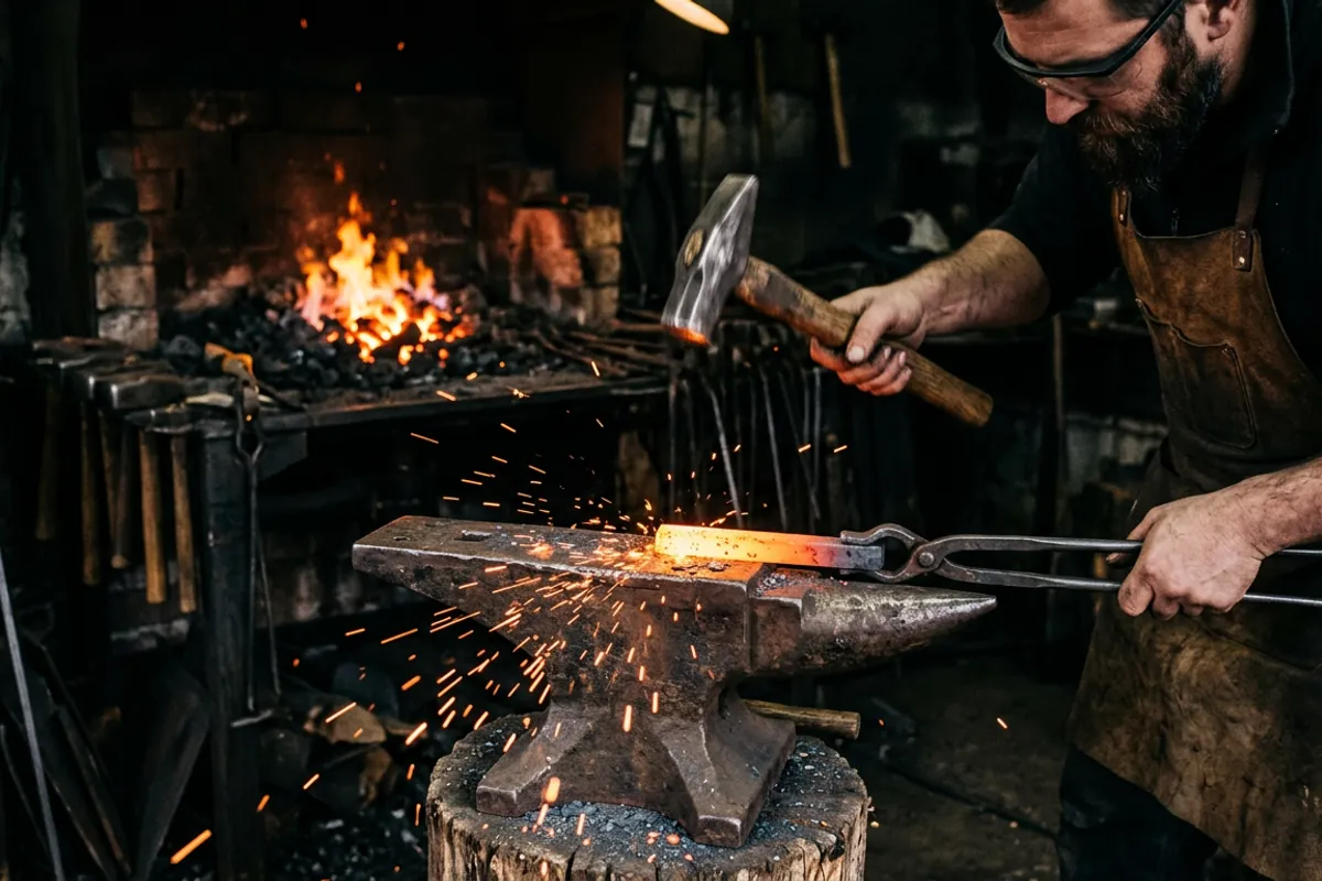 A smith forging hot steel with tongs and hammer on the face of a steel anvil in a dark home shop