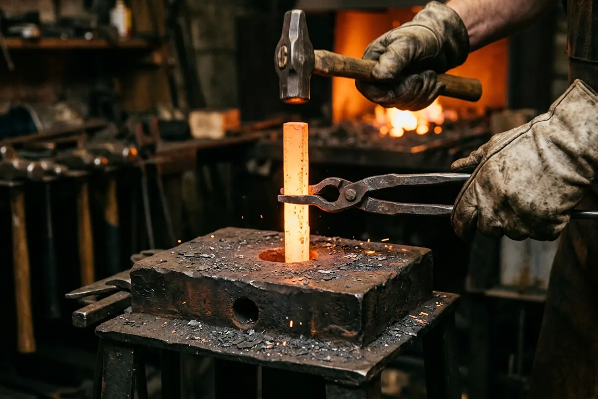 Tongs holding hot steel over a through-hole in a swage block while a hammer is raised