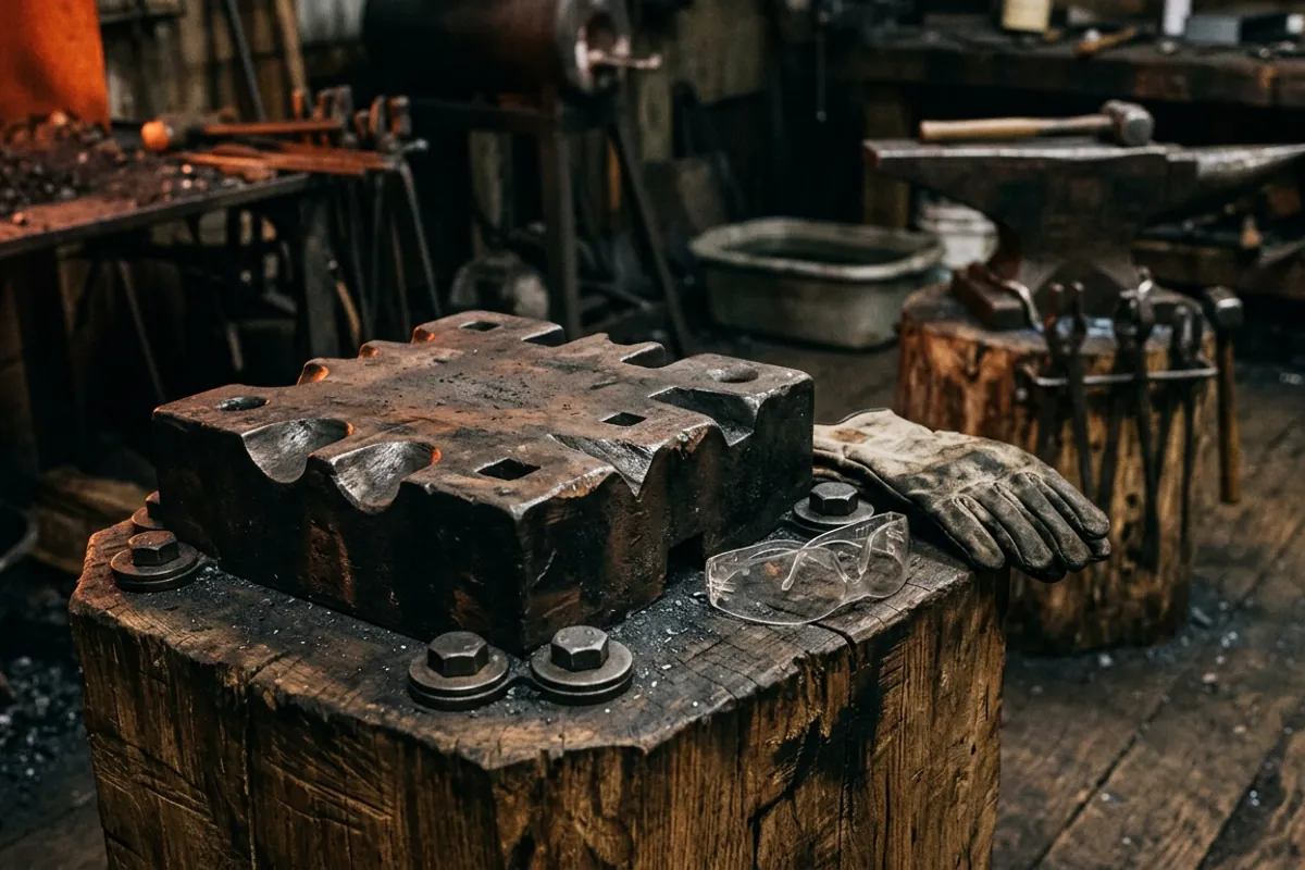 A mounted swage block beside safety glasses and gloves in a dim home blacksmith shop