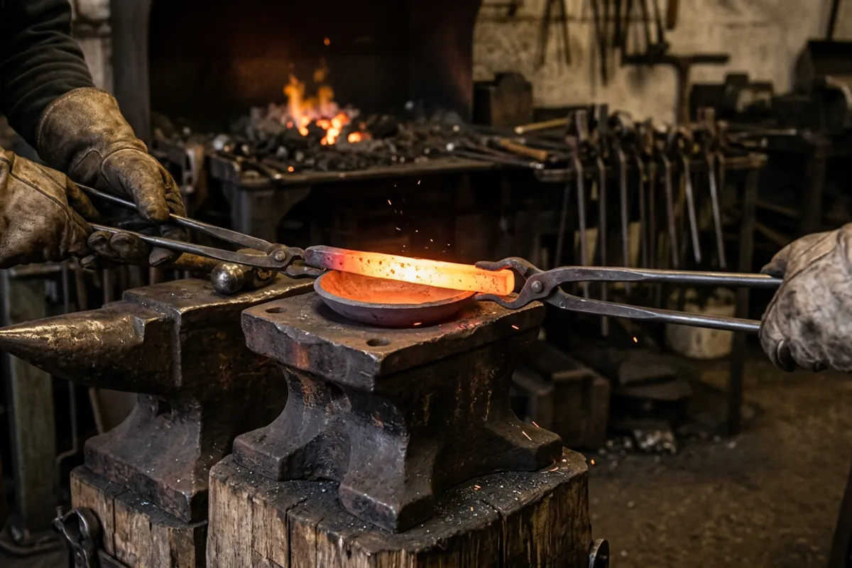 Tongs holding hot steel against a bowl form on a swage block while dishing metal