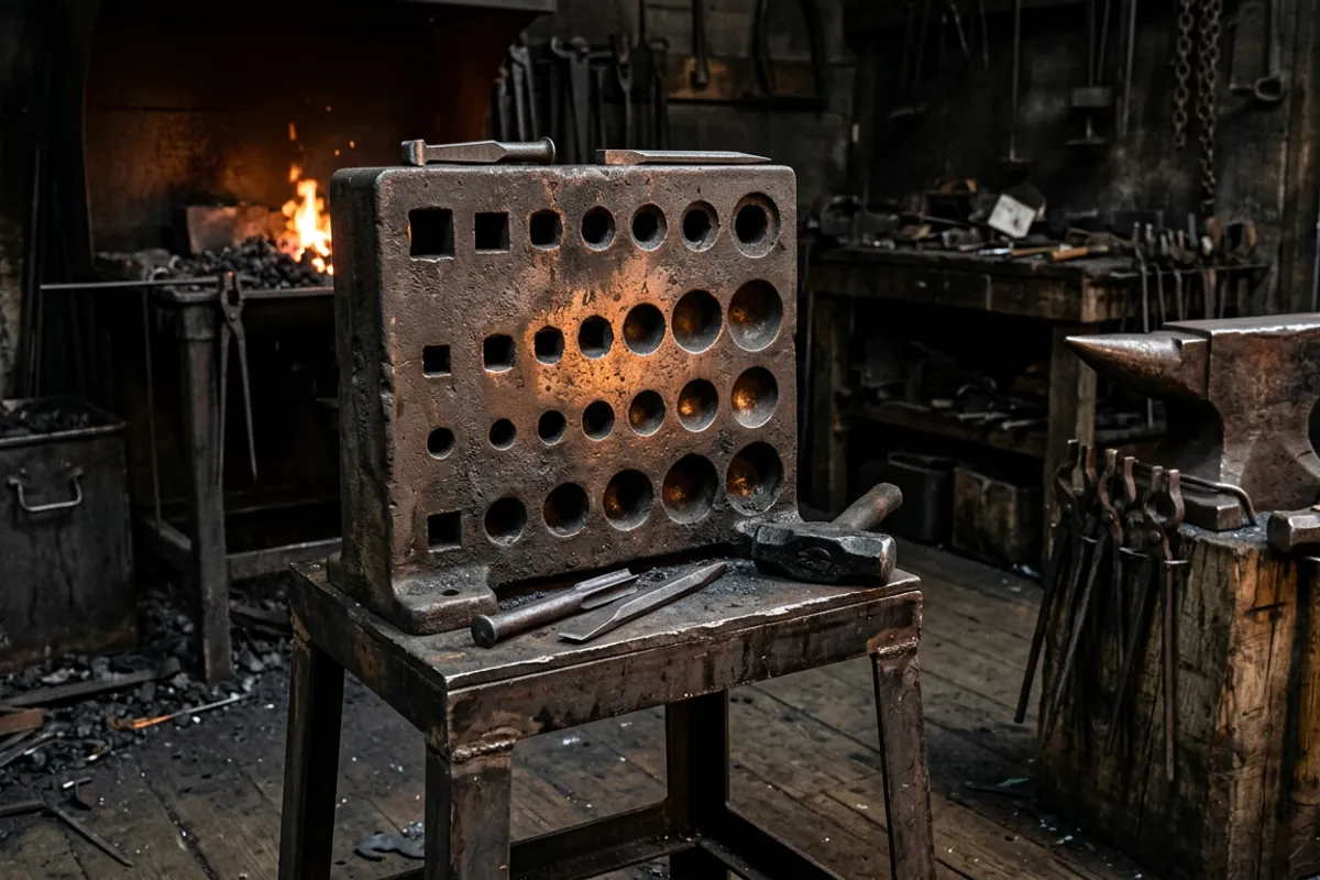 A full-size cast swage block for sale on a stand showing rows of forming holes and bowls