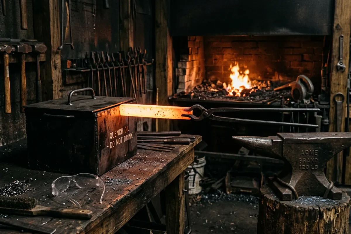 Orange-hot steel at hardening heat before the quench, the first of two heats when you temper steel by heating and cooling