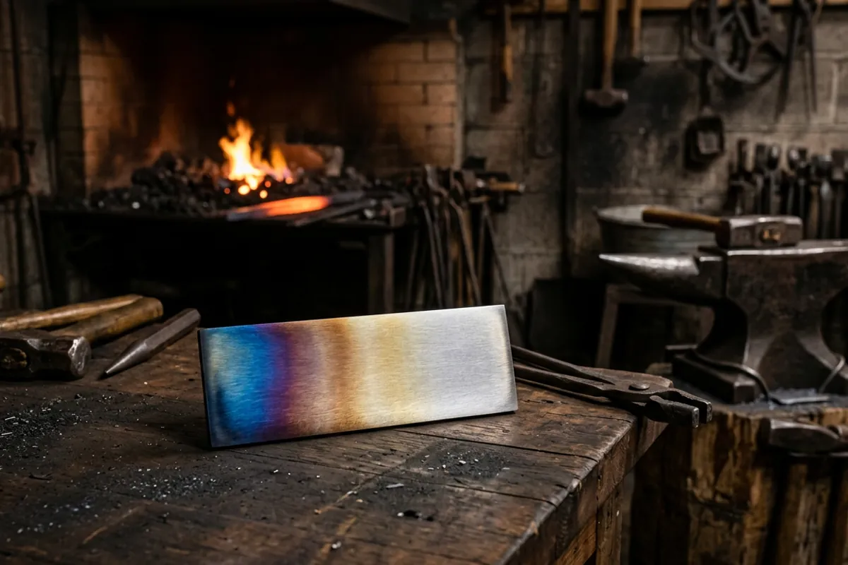 Temper colors moving across polished steel while tempering by heating and cooling in a home shop
