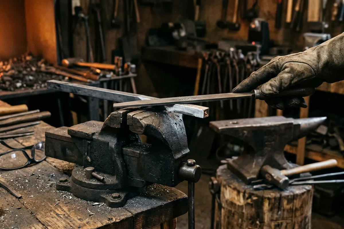 A file test on quenched steel to confirm it hardened before the tempering of metal begins
