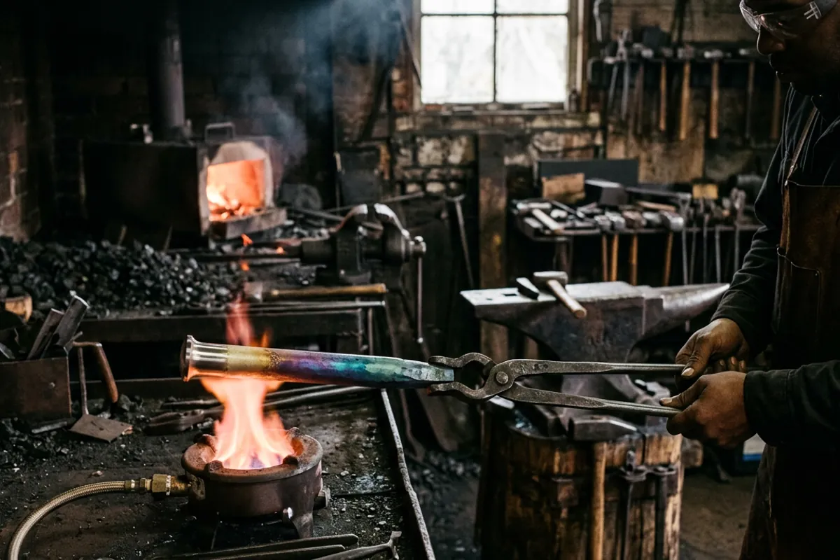 Temper colors running along a punch during the tempering of metal by eye in a dark smithy