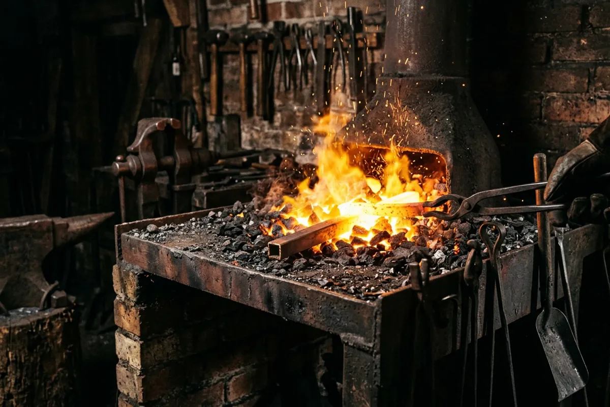 Steel heated to forging color in the fire, the fundamental step in the black smith trade