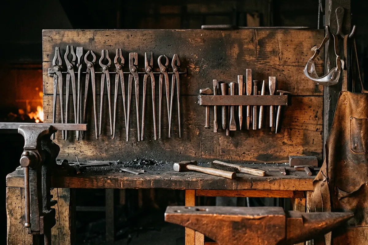 The basic hand tools a black smith works with hung on the shop wall