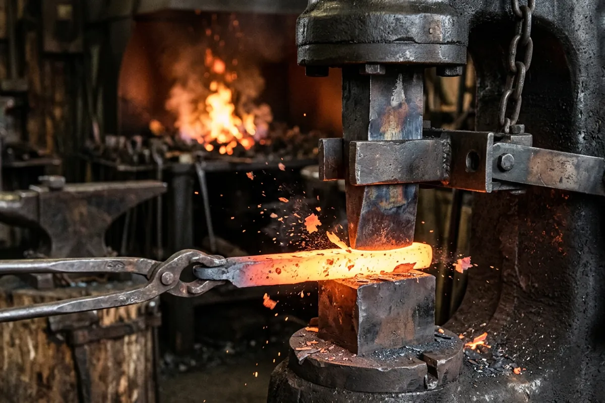 A treadle hammer ram driving a top tool onto hot steel held in tongs over the lower die.