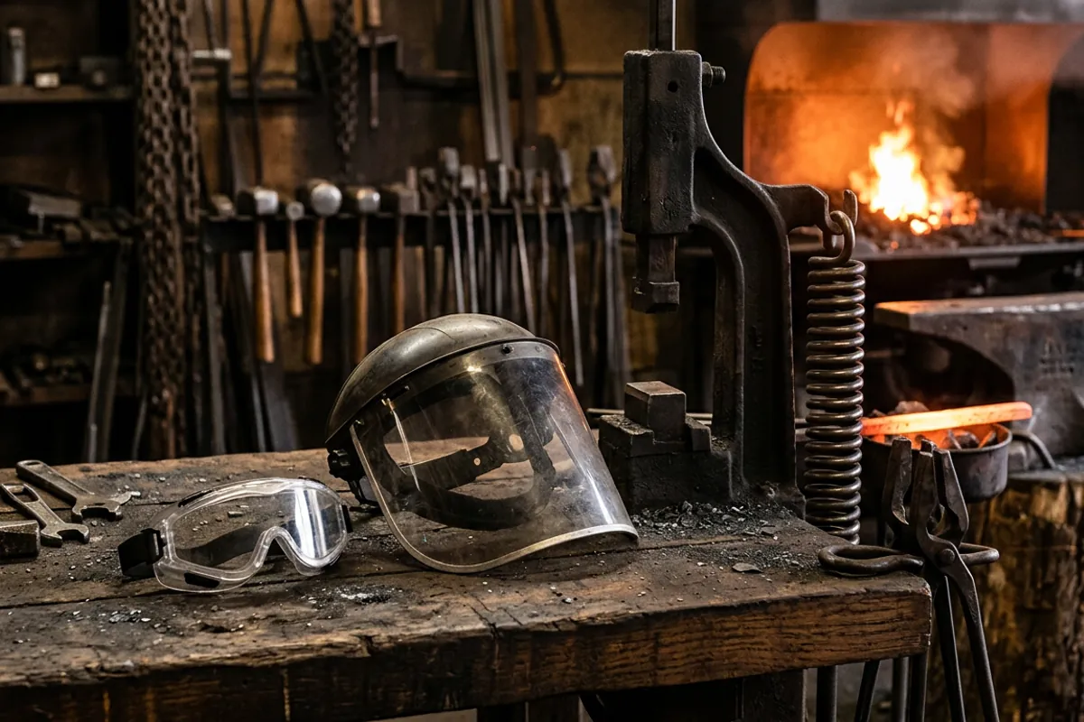 Safety goggles and a face shield on the bench beside a treadle hammer for sale, the eye and face protection to wear before stepping on the treadle.