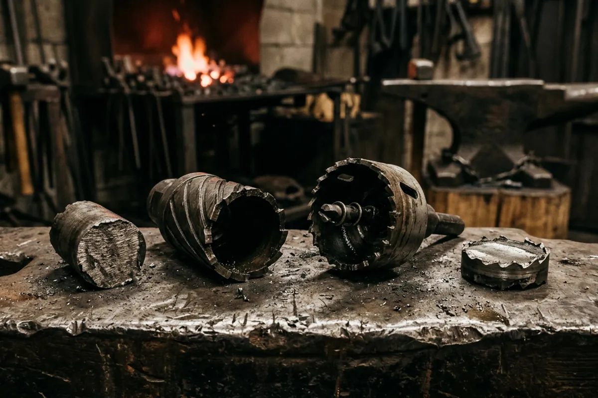 A trepanning tool annular cutter and a hole saw laid on a bench next to the steel cores they leave behind