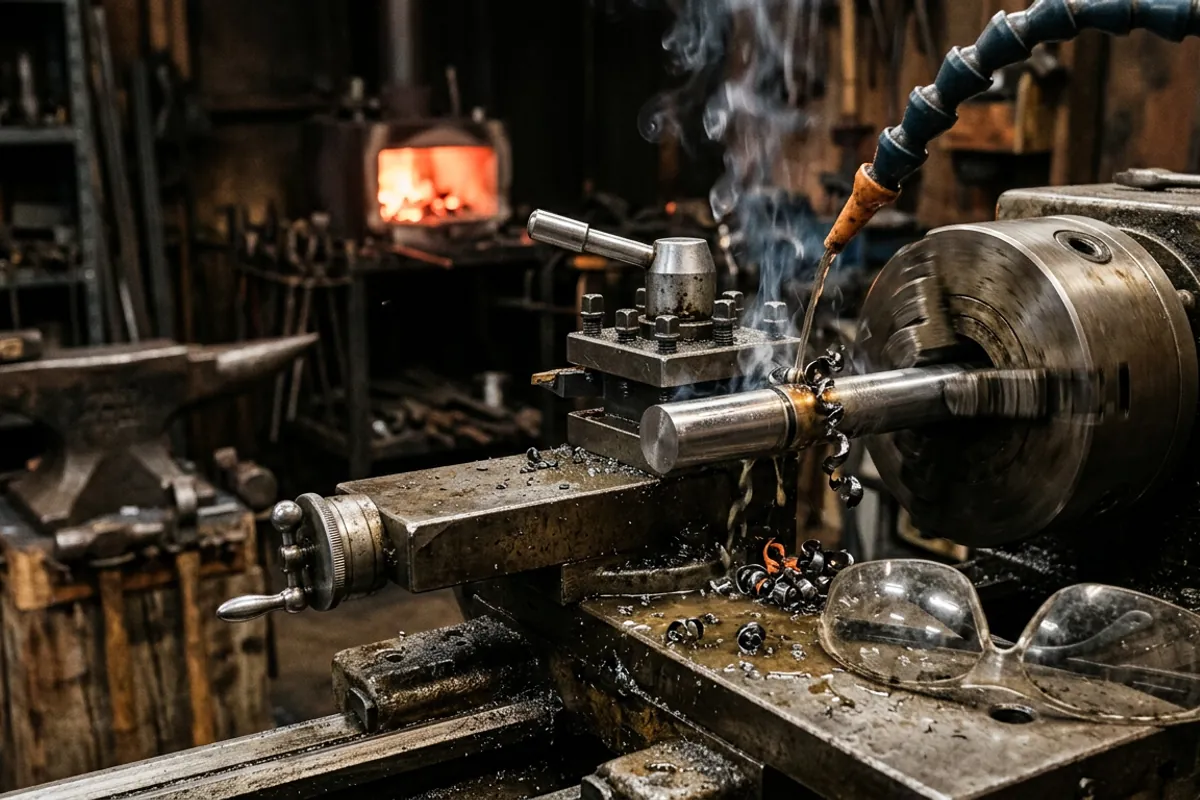 A lathe grooving and parting tool, the trepanning tool for turned work, cutting a groove in a steel bar