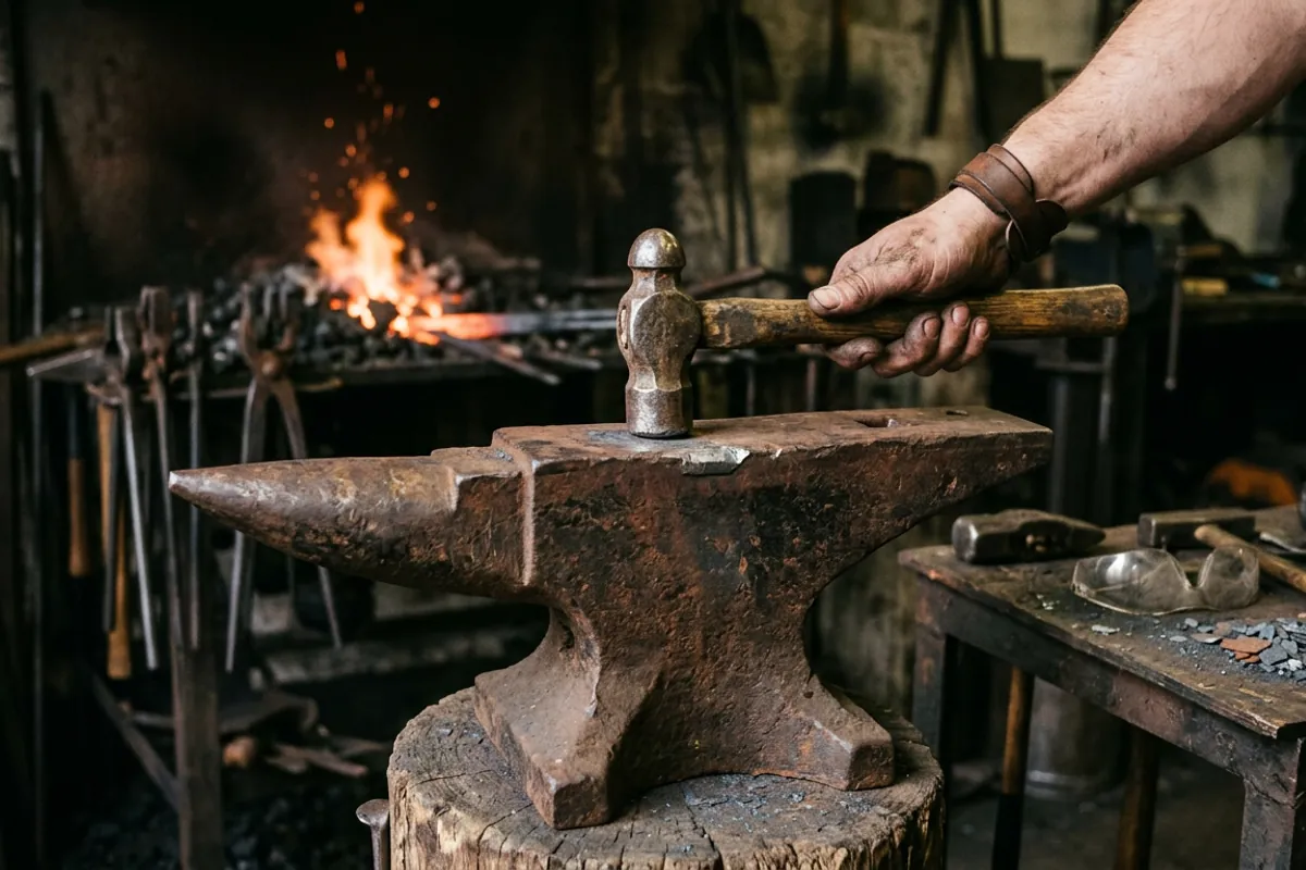 Inspecting a used anvil for sale by testing rebound and ring on the face