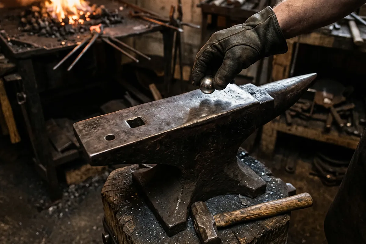 Checking rebound on a cast steel VEVOR anvil face with a ball bearing in a dim workshop