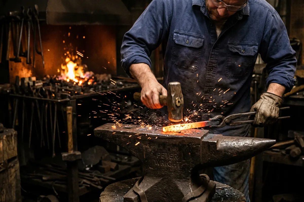 Hot steel held with tongs on a VEVOR anvil while a smith in eye protection swings a hammer
